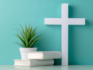 A white cross on a pale teal background with