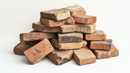 Wall Mural - A rugged pile of bricks with uneven surfaces, dirt, and small cracks, arranged casually on a white background