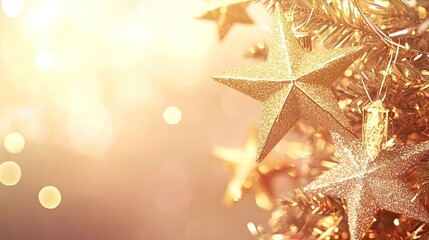 A close-up of a shimmering Christmas tree, adorned with gold stars and sparkling lights, set against a soft, festive bokeh background. 