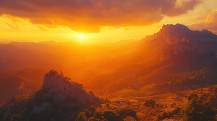 Wall Mural - cinematic background with golden sunset lighting over a mountain landscape, evoking a warm and epic 