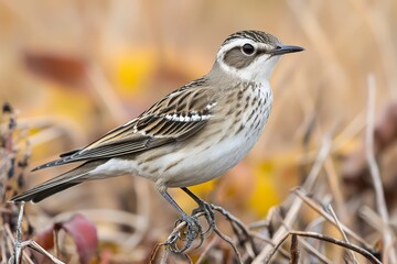 A small bird with a distinctive pattern stands on a dry ground, showcasing its intricate plumage and keen expression amidst a blurred natural background.