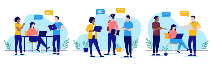 Fototapete - Office talk and discussion illustrations collection - Group of colleagues people with speech bubbles discussing and talking about work and business together. Flat design vectors on white background