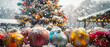 © Qaiser - A closeup shot of vibrant baubles with glittering holiday patterns displayed in a Christmas market stall.