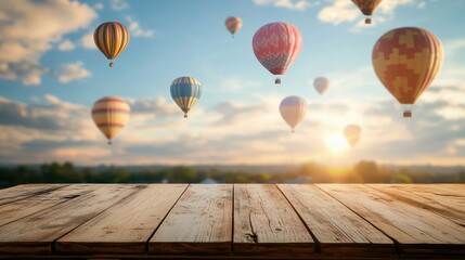 Wall Mural - A vintage wooden table surface contrasts with a dreamy backdrop of blurred, floating hot air balloons.