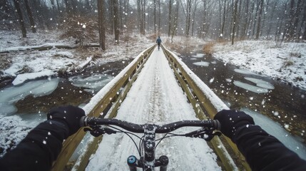 Aufkleber - Snowflakes fall gently in a quiet forest as a rider navigates a narrow bridge. The landscape features frozen patches on the water, enhancing the serene winter atmosphere during the ride.
