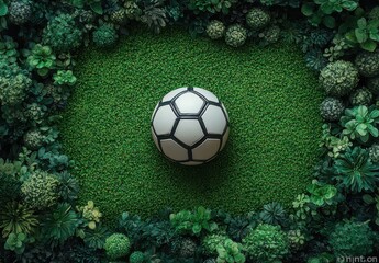 Wall Mural - A soccer ball is sitting in a green field of trees