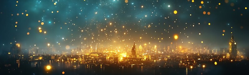 Poster - A vibrant cityscape illuminated by glowing lights against a dark, starry sky, creating a magical and futuristic atmosphere.