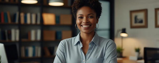 Wall Mural - Happy, black woman and portrait in office with arms crossed, Journalist, professional writer and career pride at reporter job with smile from success at creative workplace 