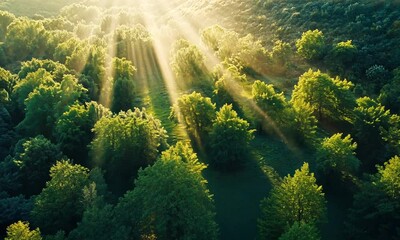 Wall Mural - a serene landscape with sun rays illuminating a forest of green trees, creating a peaceful and natur