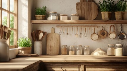 Wall Mural - Cozy kitchen with rustic shelves and organized spices