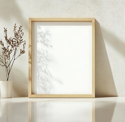 Fototapete - A minimalist scene featuring a blank frame on a reflective surface, complemented by a decorative vase and soft shadows on a textured wall.
