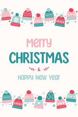 Wall Mural - colourful christmas greeting card in cartoon style. funny hand drawn winter hats. vector illustratio