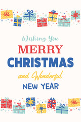 Wall Mural - christmas greeting card in cartoon style. poster with hand drawn presents. vector illustration