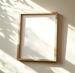 Fototapete - A simple wooden frame with a blank canvas is illuminated by soft sunlight, casting gentle shadows on a light-colored wall.