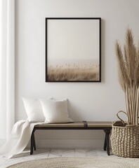 Poster - A minimalist interior featuring a bench, decorative pillows, a large artwork, and dried plants against a neutral wall, creating a serene atmosphere.