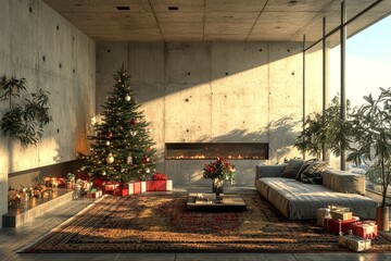 Wall Mural - Modern living room with concrete walls, large windows, Christmas tree, presents, Persian rug, and cozy holiday decorations in photorealistic style.