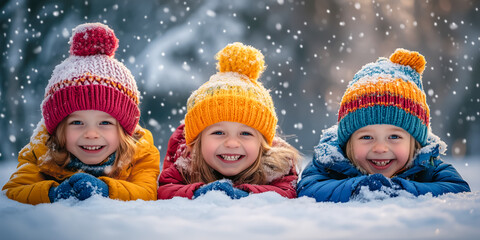 Wall Mural - Group of happy children in colourful knitted hats lying on snow. Friendship and weekends with family concept.