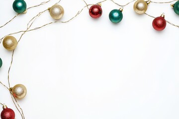 Sticker - A Christmas scene captured from above, showcasing red, green, and gold baubles, star ornaments, gift boxes tied with bows, and a pine branch on an isolated white background with a blank space in the