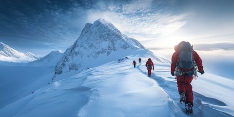 Wall Mural - Mountaineers ascending snowy mountain ridge at sunrise