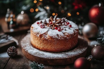 Wall Mural - Homemade christmas cake with festive decorations, creating a warm and inviting holiday atmosphere