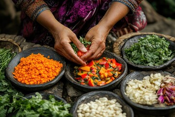 Wall Mural - Woman chef combining fresh herbs and spices, creating culinary masterpiece