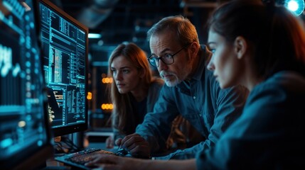 team of it professionals analyzing data on computer screen in dark office environment. senior specia