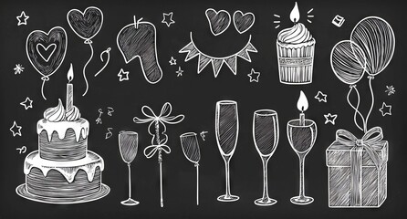 A chalkboard background featuring a hand-drawn doodle icon of a birthday cake, balloon, and event decorations. This modern illustration represents a party or carnival celebration concept.