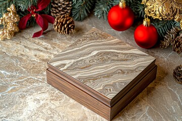 Sticker - Spread your warm wishes with this image inspiration: an aerial view of a lovely gift box with a red ribbon, shimmering ornaments, frosty fir, a pinecone, holly berries, and a candle against a light