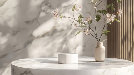 Wall Mural - An interior of a modern bathroom with white tones, featuring an empty marble table top for product display, against a blurred background.