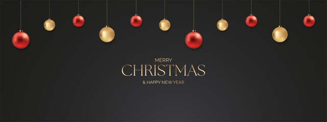 Wall Mural - Festive Christmas illustration featuring red and gold hanging baubles against a black background with elegant gold text reads 