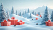 © wing - a winter scene with a collection of red gift boxes adorned with ribbons and bows, placed on a snowy ground. The background features snow-covered pine trees and a gentle snowfall