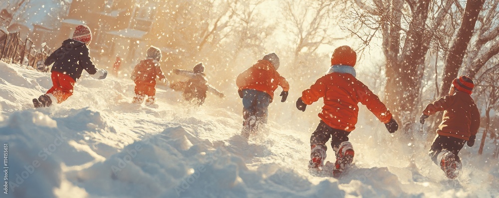 Group of children playing on snow in winter time, Created using ...