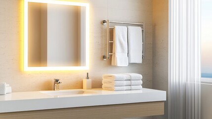 Wall Mural - bathroom hygiene sparkle Concept. Modern bathroom with illuminated mirror, neatly arranged towels, and a stylish minimalist design.