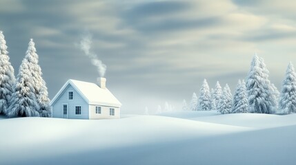 Poster - Cozy cabin nestled in a serene winter wonderland with snow-laden trees, AI