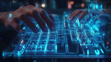 Hands typing on futuristic transparent keyboard, concept of digital technology and innovation, bright blue holographic elements, modern tech workspace.