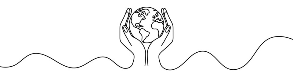 Wall Mural - one continuous line illustration of earth in hands, isolated on white background. line art of earth 