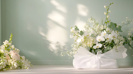 Wall Mural - Elegant bouquet of white orchids and greenery in soft light