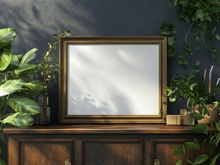 Aufkleber - A stylish mirror framed in gold rests on a wooden surface, surrounded by lush green plants against a textured wall.