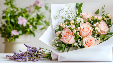 Wall Mural - romantic bouquet of soft blush roses and lavender flowers