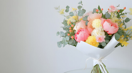 Wall Mural - romantic bouquet of pink and peach peonies, yellow flowers, and greenery