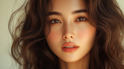 Wall Mural - Beautiful Korean woman with wavy hair showcasing effortless elegance in natural lighting at home