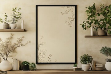 Poster - A minimalist interior scene featuring a blank framed mirror surrounded by potted plants and shelves, creating a serene and stylish ambiance.