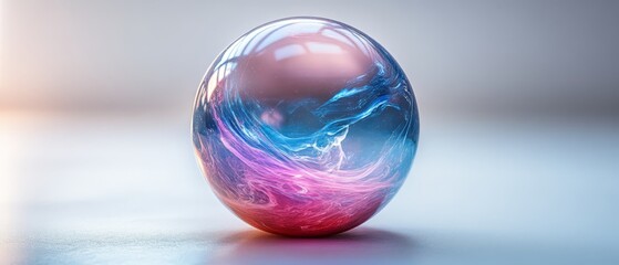 Wall Mural - Abstract transparent glass sphere with blue and purple lines on white background, 3d rendering illustration of futuristic abstract shape with holographic element