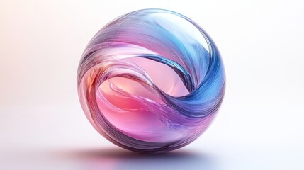 Wall Mural - Abstract transparent glass sphere with blue and purple lines on white background, 3d rendering illustration of futuristic abstract shape with holographic element