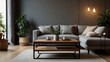 © ikhsan - Wooden table in front of couch in spacious living room interior with plants and lamps. Real photo