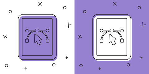 Set Computer display with vector design program icon isolated on isolated on white and purple background. Photo editor software with user interface. Vector