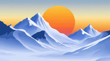 Wall Mural - The design showcases sleek snow-capped mountains with a vibrant sun rising behind them, creating a tranquil yet inspiring atmosphere. generative ai. Solitude. Illustration