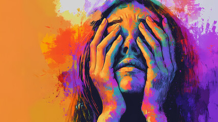 Wall Mural - Woman expressing sadness and distress in colorful artwork. generative ai image. Solitude. Illustration