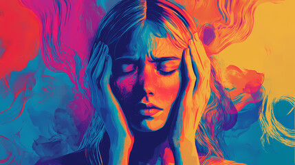 Wall Mural - Woman expressing sadness and distress in colorful artwork. generative ai image. Solitude. Illustration