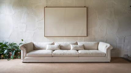 Wall Mural - Stylish Minimalist Living Room with Elegant Sofa and Art. Discover a serene living space featuring a plush white sofa and a blank canvas over a textured wall, perfect for modern decor.